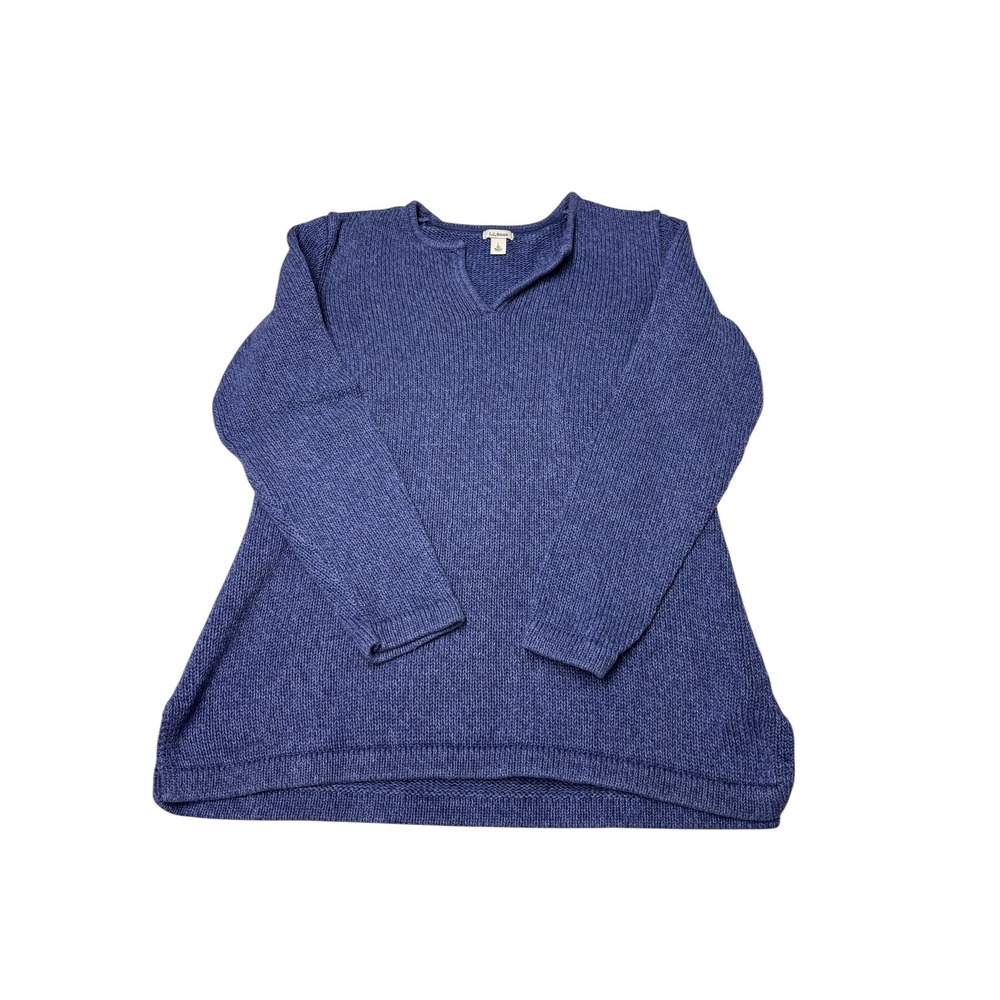LL Bean Blue Cotton Knit Split V-Neck Sweater Tunic Womens Large 273474